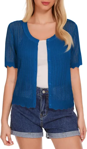 Women's Short Sleeve Summer Hollow Out Crew Neck Button Down Cardigan Sweater