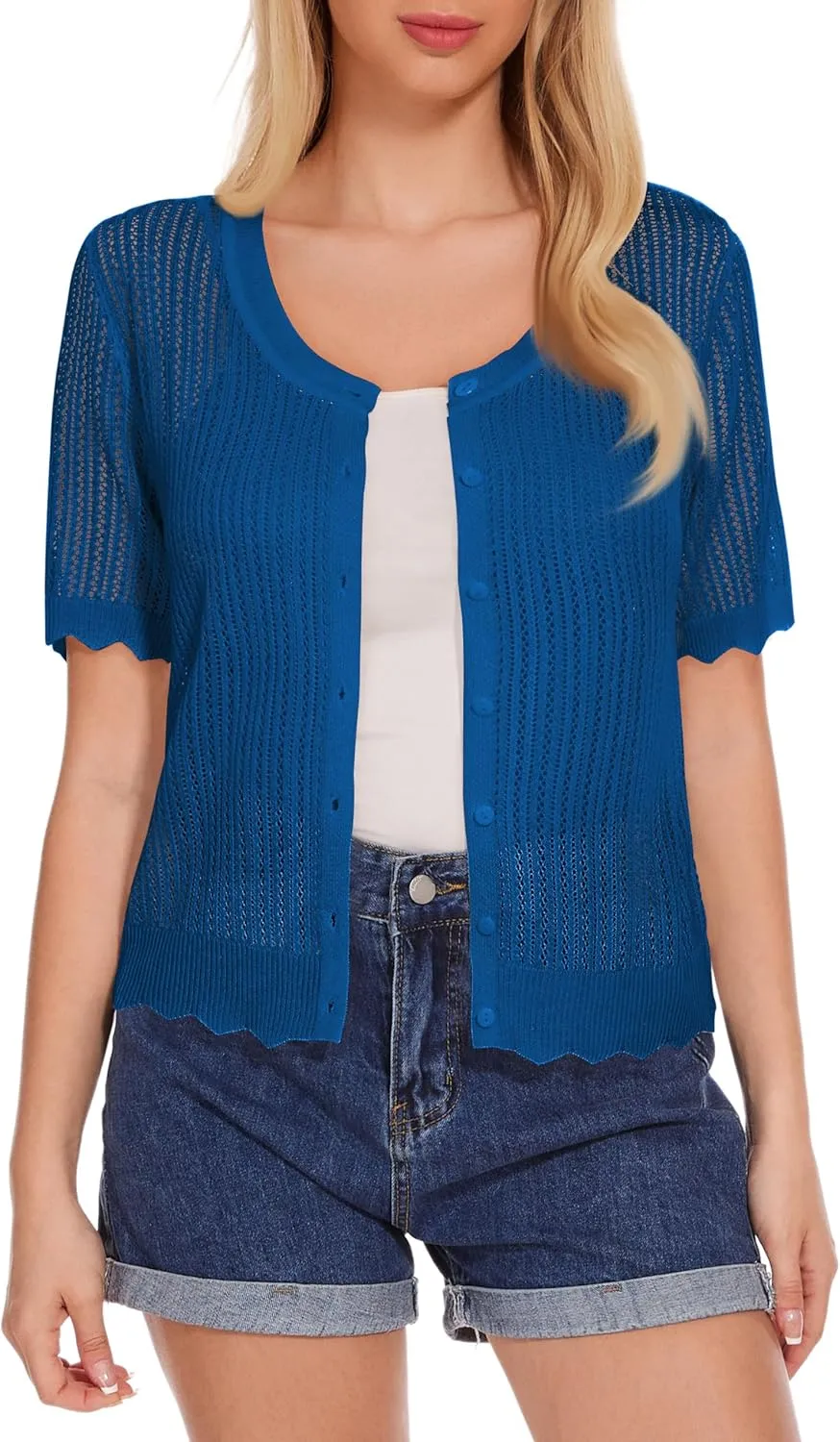 Women's Short Sleeve Summer Hollow Out Crew Neck Button Down Cardigan Sweater
