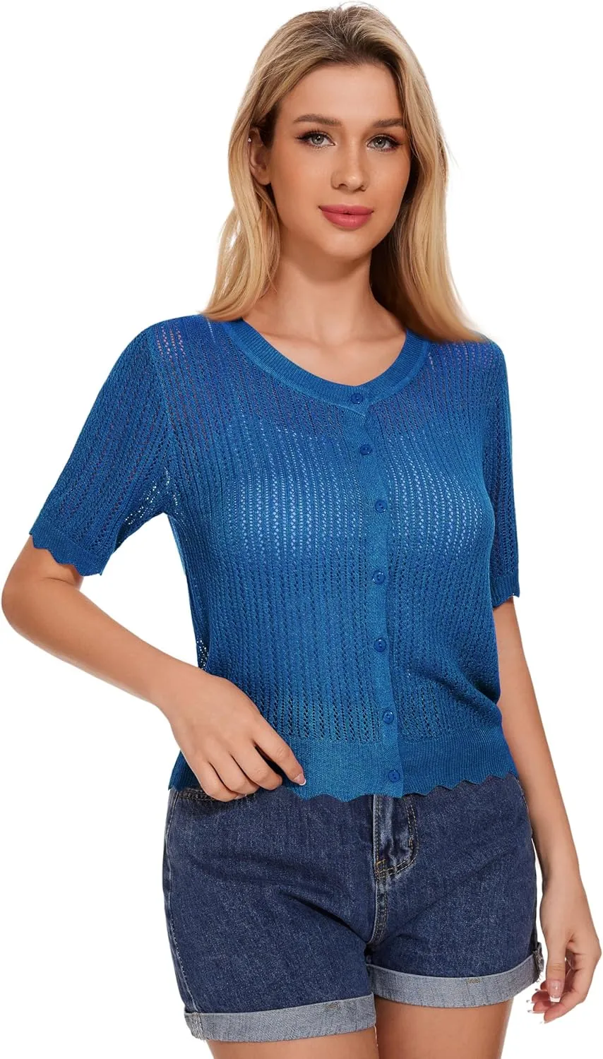 Women's Short Sleeve Summer Hollow Out Crew Neck Button Down Cardigan Sweater