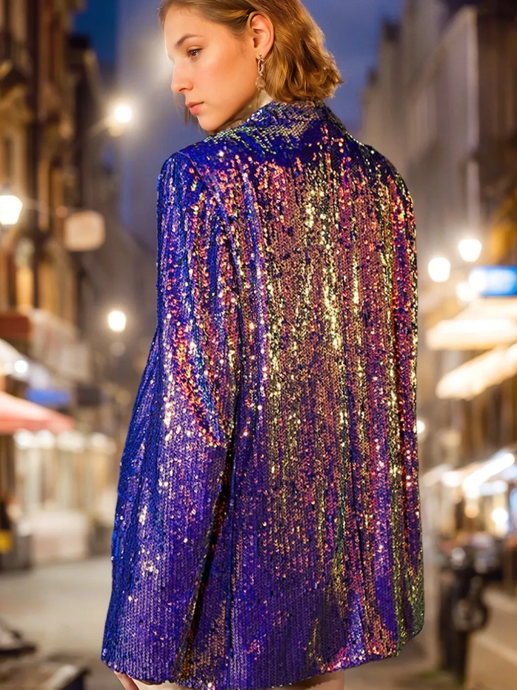 Women's Sparkly Purple Sequined Oversized Longline Prom Blazer