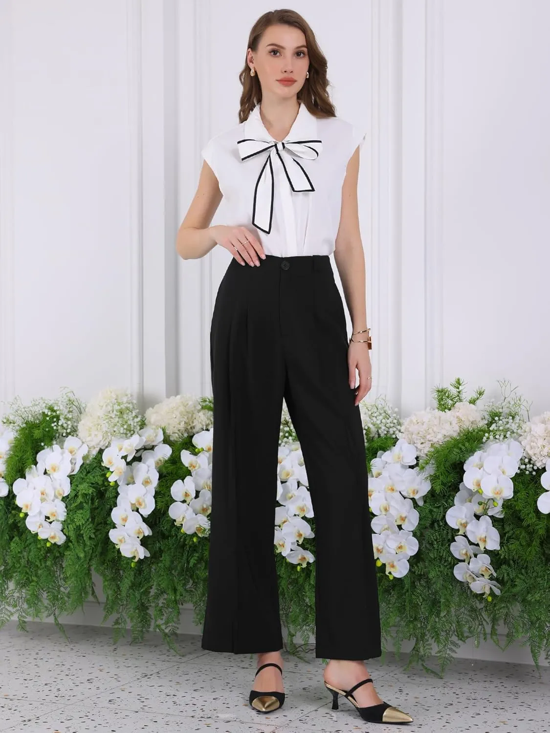 Women's Straight Leg Work Pant High Waist Formal Office Straight Trousers with Pockets