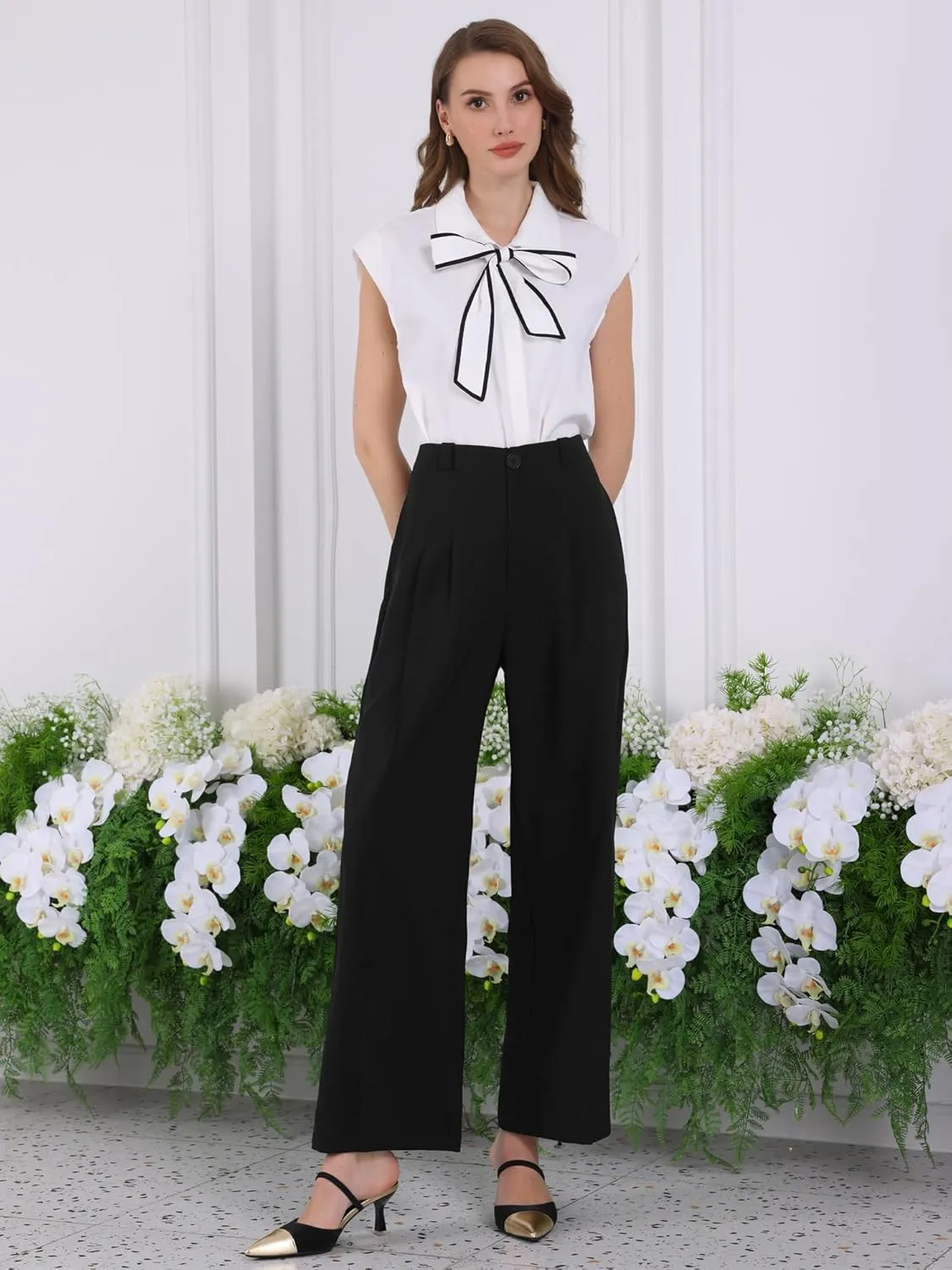 Women's Straight Leg Work Pant High Waist Formal Office Straight Trousers with Pockets