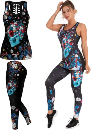 Womens Sugar Skull Yoga Outfits for Women 2 Piece Sets, Summer Tank Tops Leggings Workout Activewear for Girls