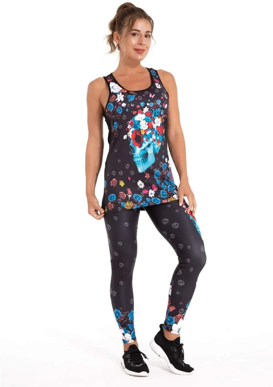 Womens Sugar Skull Yoga Outfits for Women 2 Piece Sets, Summer Tank Tops Leggings Workout Activewear for Girls