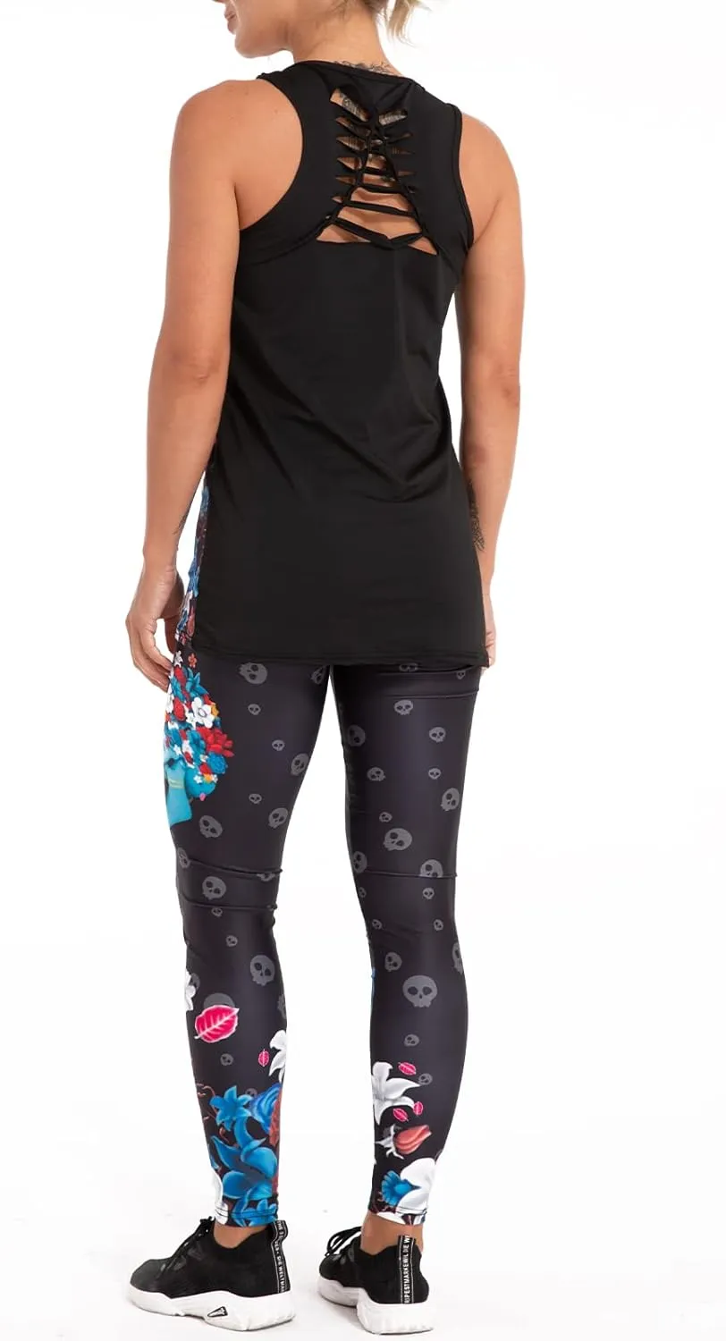 Womens Sugar Skull Yoga Outfits for Women 2 Piece Sets, Summer Tank Tops Leggings Workout Activewear for Girls