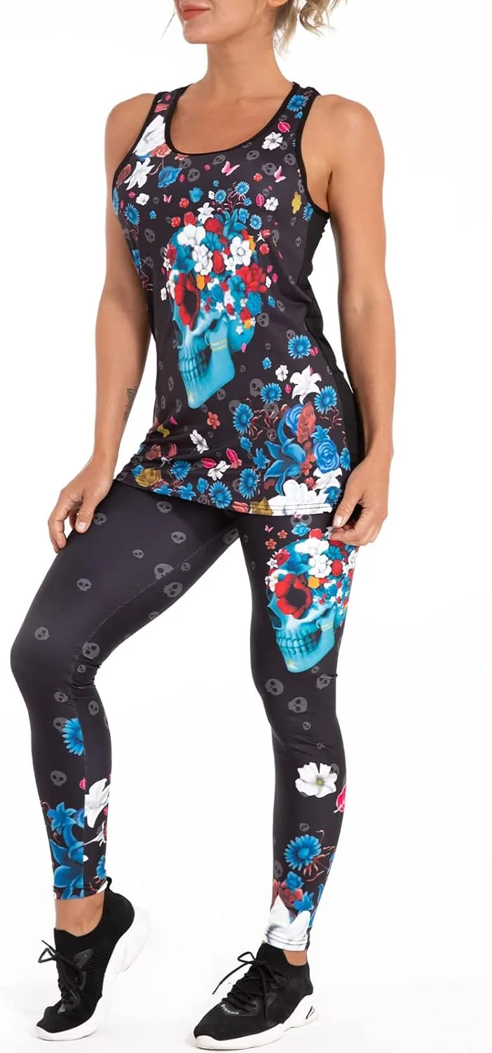 Womens Sugar Skull Yoga Outfits for Women 2 Piece Sets, Summer Tank Tops Leggings Workout Activewear for Girls