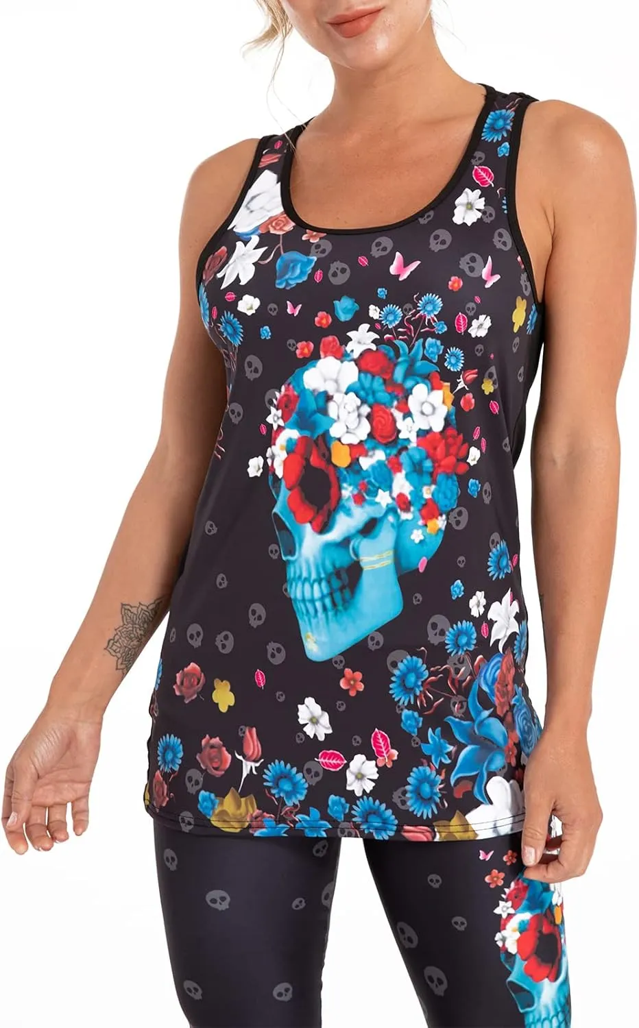 Womens Sugar Skull Yoga Outfits for Women 2 Piece Sets, Summer Tank Tops Leggings Workout Activewear for Girls