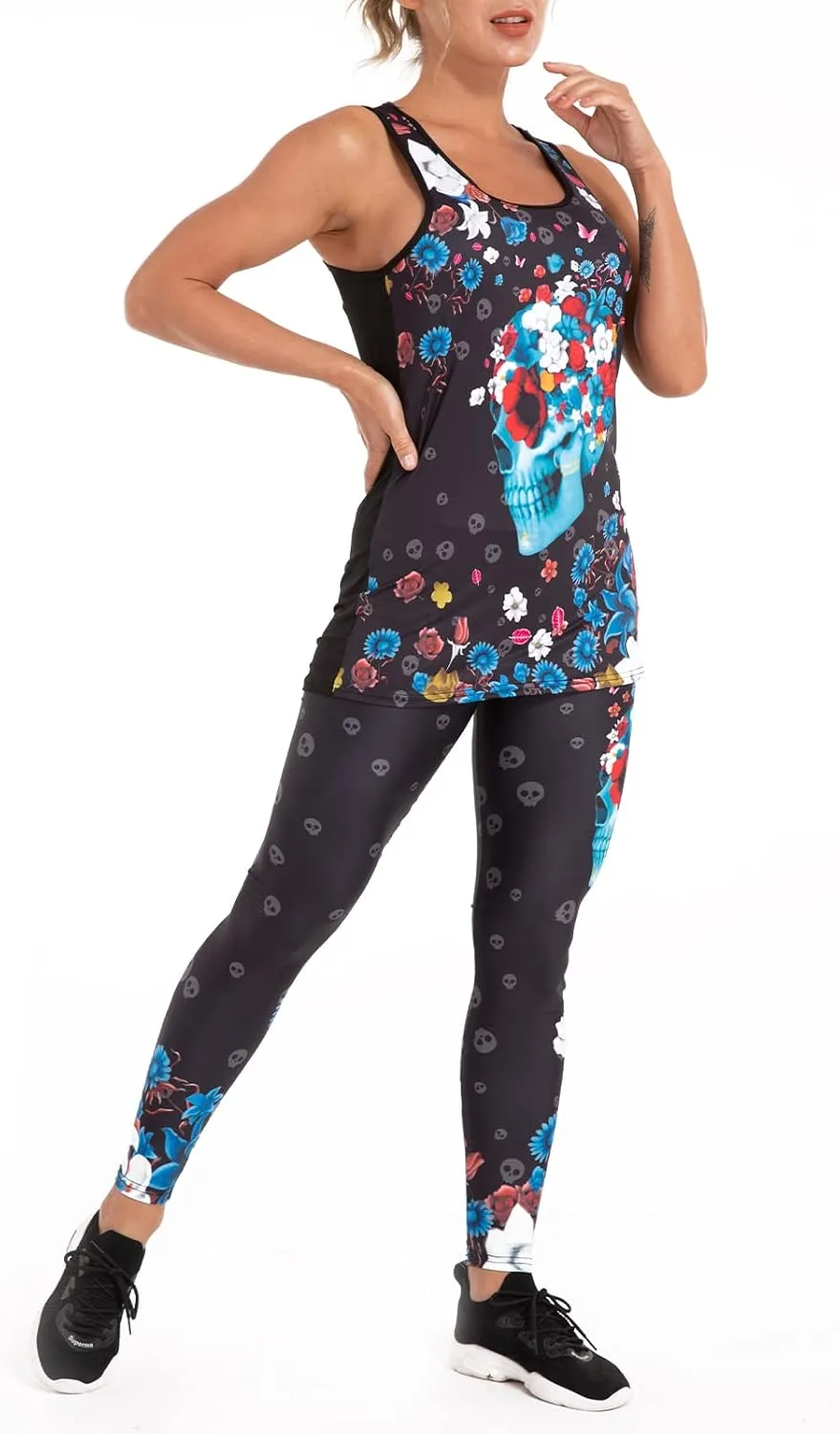 Womens Sugar Skull Yoga Outfits for Women 2 Piece Sets, Summer Tank Tops Leggings Workout Activewear for Girls