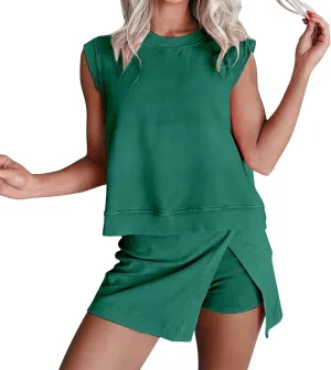 Womens Summer 2 Pieces Crew Neck Sleeveless Cotton Tank Top Side Split Skorts Shorts Athletic Skirt Sets Travel Outfits