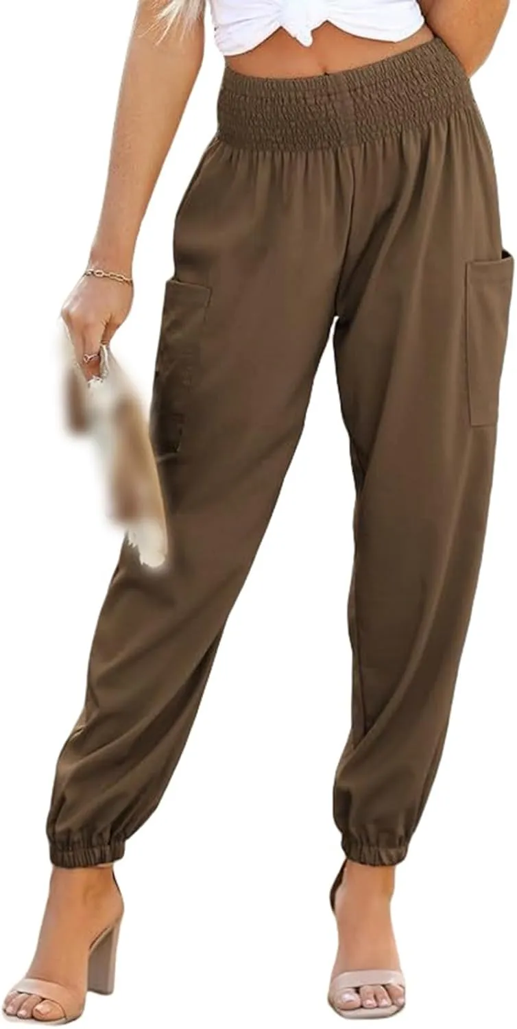 Womens Summer Boho Business Casual Smocked 2025 High Waisted Cargo Pants Harem Pants Yoga Trousers with Pockets