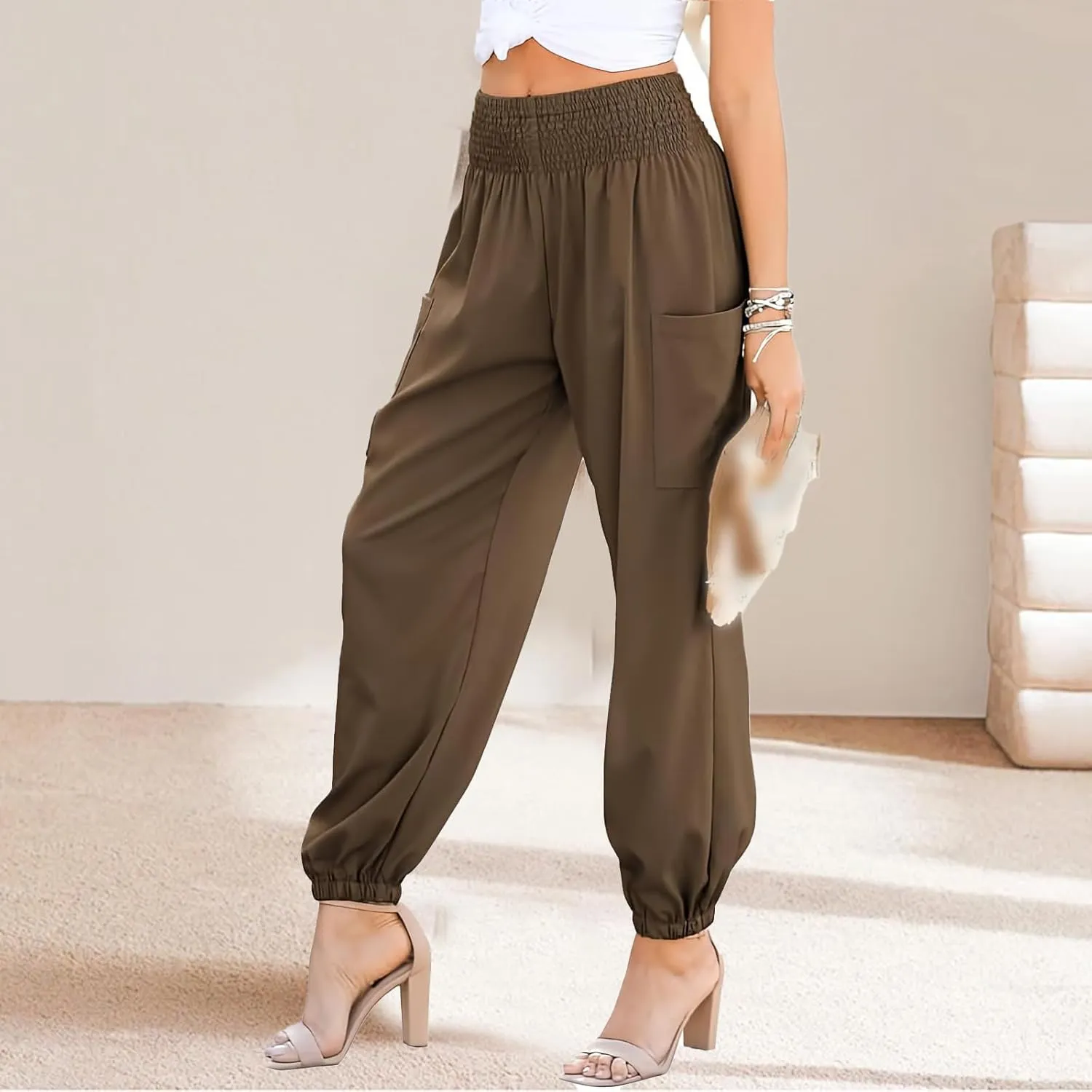 Womens Summer Boho Business Casual Smocked 2025 High Waisted Cargo Pants Harem Pants Yoga Trousers with Pockets