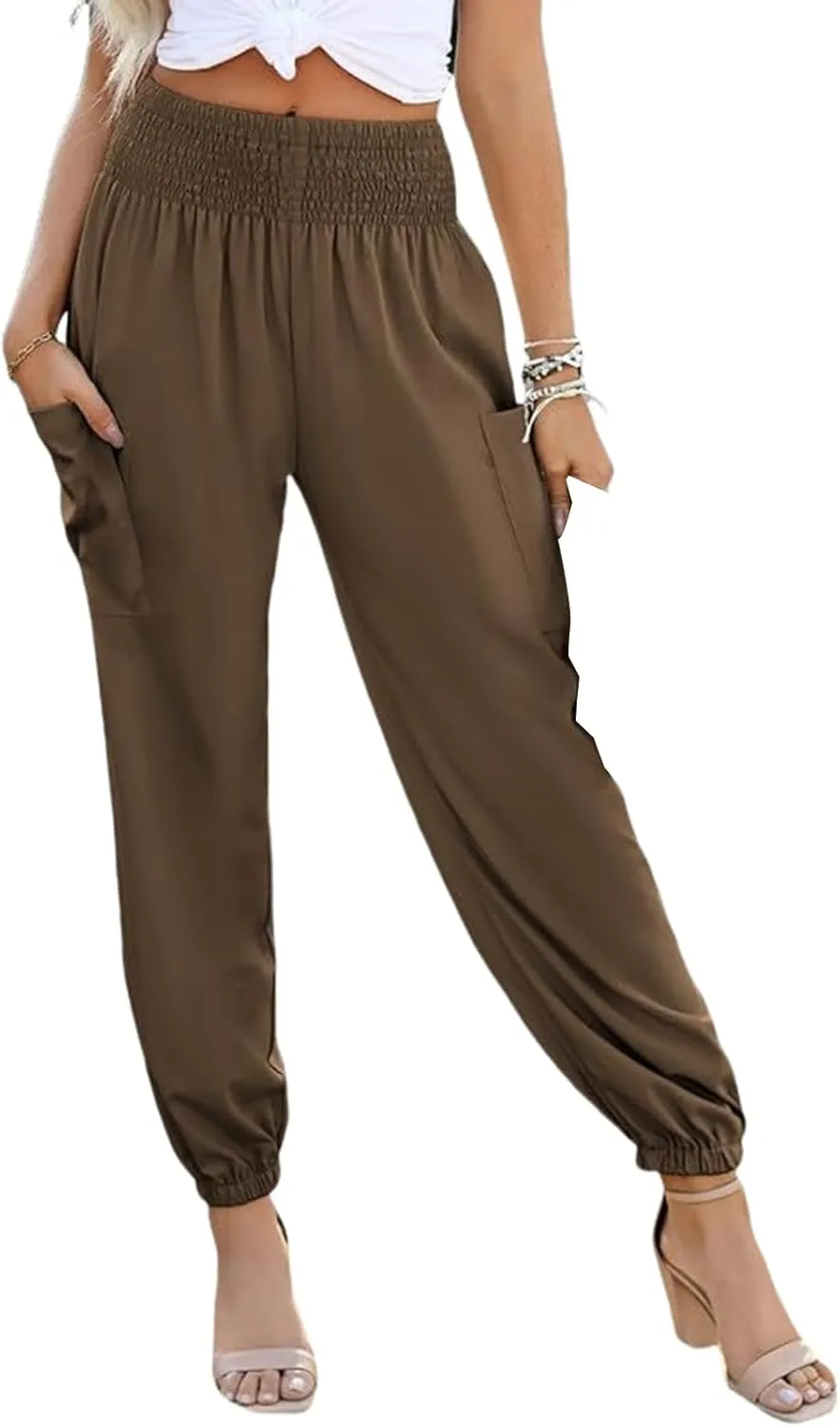 Womens Summer Boho Business Casual Smocked 2025 High Waisted Cargo Pants Harem Pants Yoga Trousers with Pockets