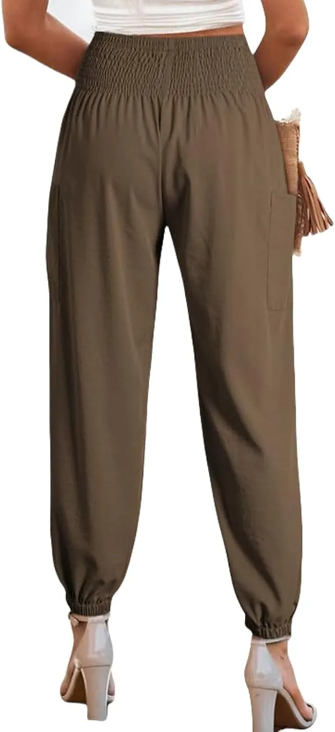 Womens Summer Boho Business Casual Smocked 2025 High Waisted Cargo Pants Harem Pants Yoga Trousers with Pockets