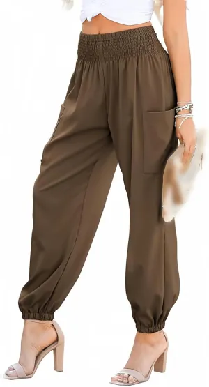 Womens Summer Boho Business Casual Smocked 2025 High Waisted Cargo Pants Harem Pants Yoga Trousers with Pockets