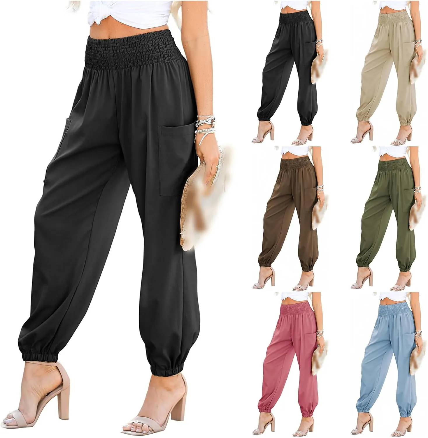 Womens Summer Boho Business Casual Smocked 2025 High Waisted Cargo Pants Harem Pants Yoga Trousers with Pockets