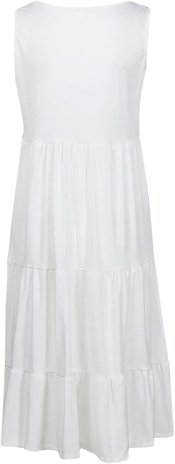 Women's Summer Sun Dresses Tiered Ruffle Sundress Scoop Neck Sleeveless Tank Dress Sexy Casual Flowy Beach