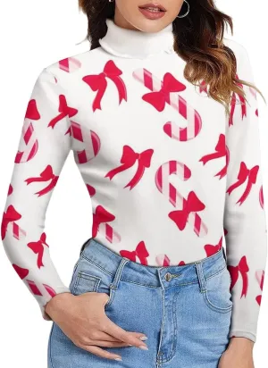 Womens Turtleneck Long Sleeve Shirt Lightweight Slim Pullover Undershirts Active T-Shirts Compatible with Red Bow Tie White Candy Cane