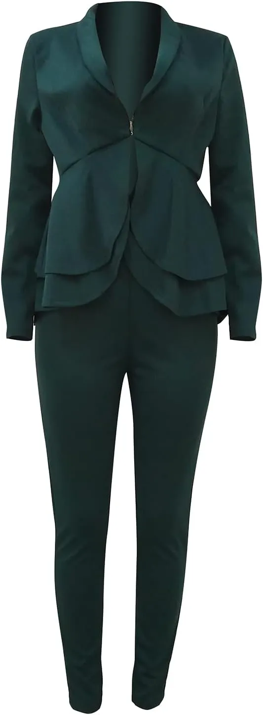 Women's Two Piece Outfits Sets Long Sleeve Deep V Neck Ruffle Pelplum Blazer Slim Fit Bocycon Long Pants Business Suit Set