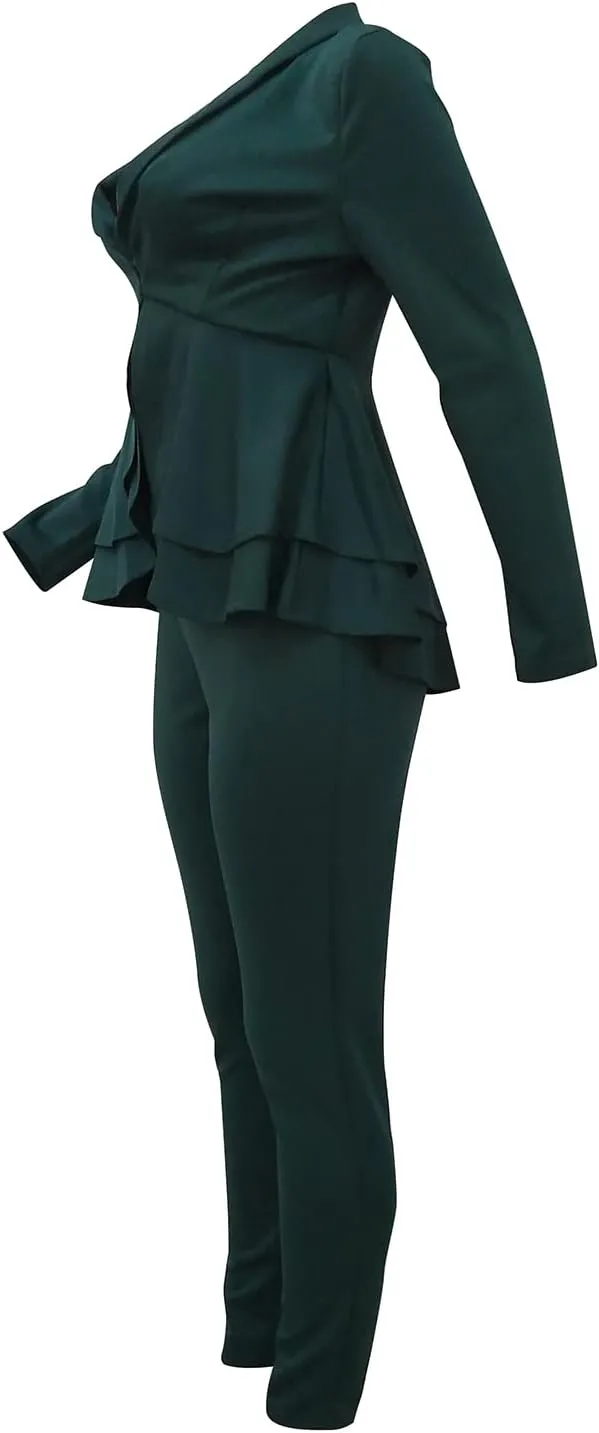 Women's Two Piece Outfits Sets Long Sleeve Deep V Neck Ruffle Pelplum Blazer Slim Fit Bocycon Long Pants Business Suit Set
