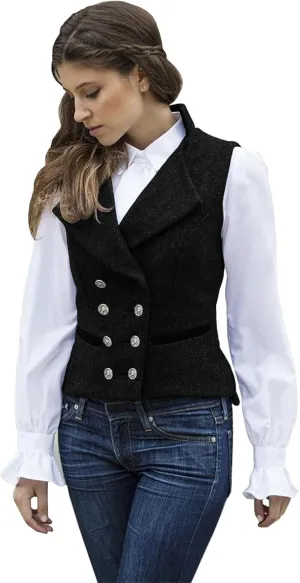 Women's Vest Herringbone Tweed Formal Double Breasted Dressy Waistcoat Sleeveless Jacket