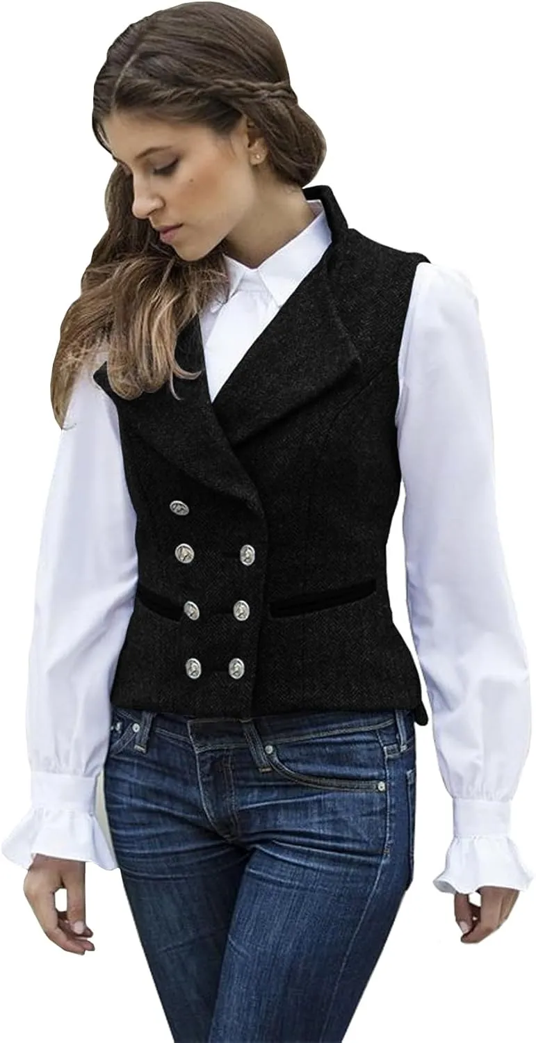Women's Vest Herringbone Tweed Formal Double Breasted Dressy Waistcoat Sleeveless Jacket