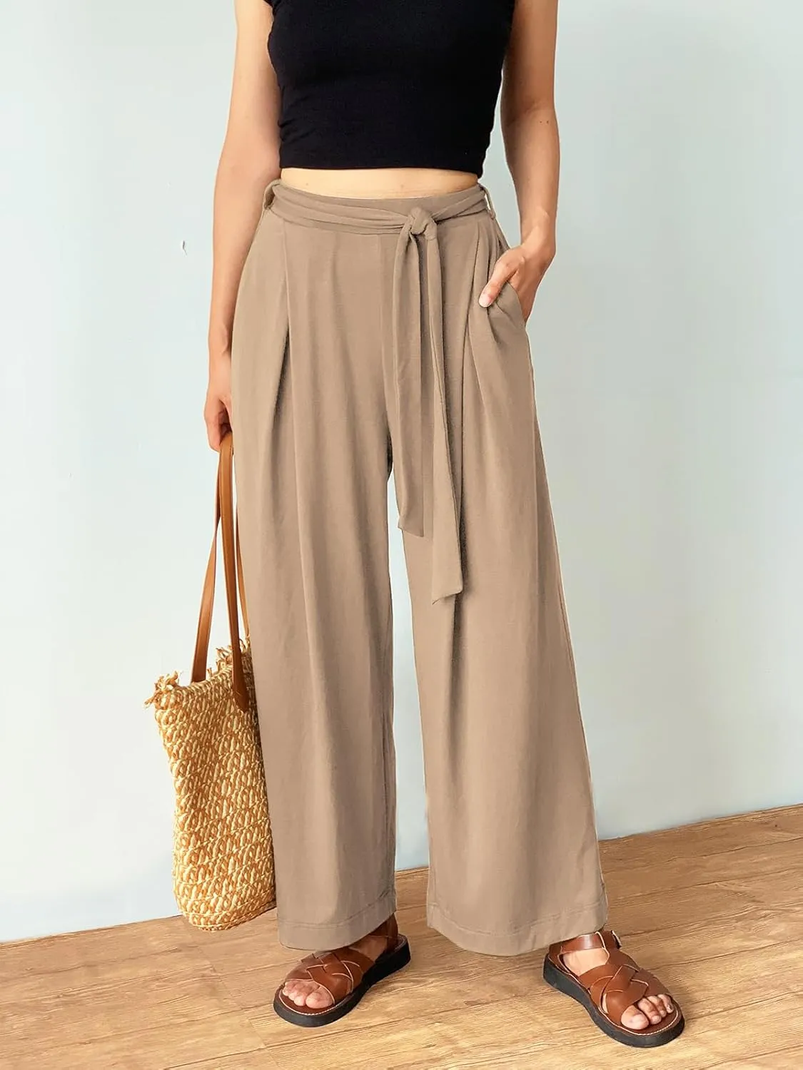 Women's Wide Leg Pants High Waisted Adjustable Tie Knot Yoga Sweatpants Comfy Lounge Pajama Flowy Pants Pockets