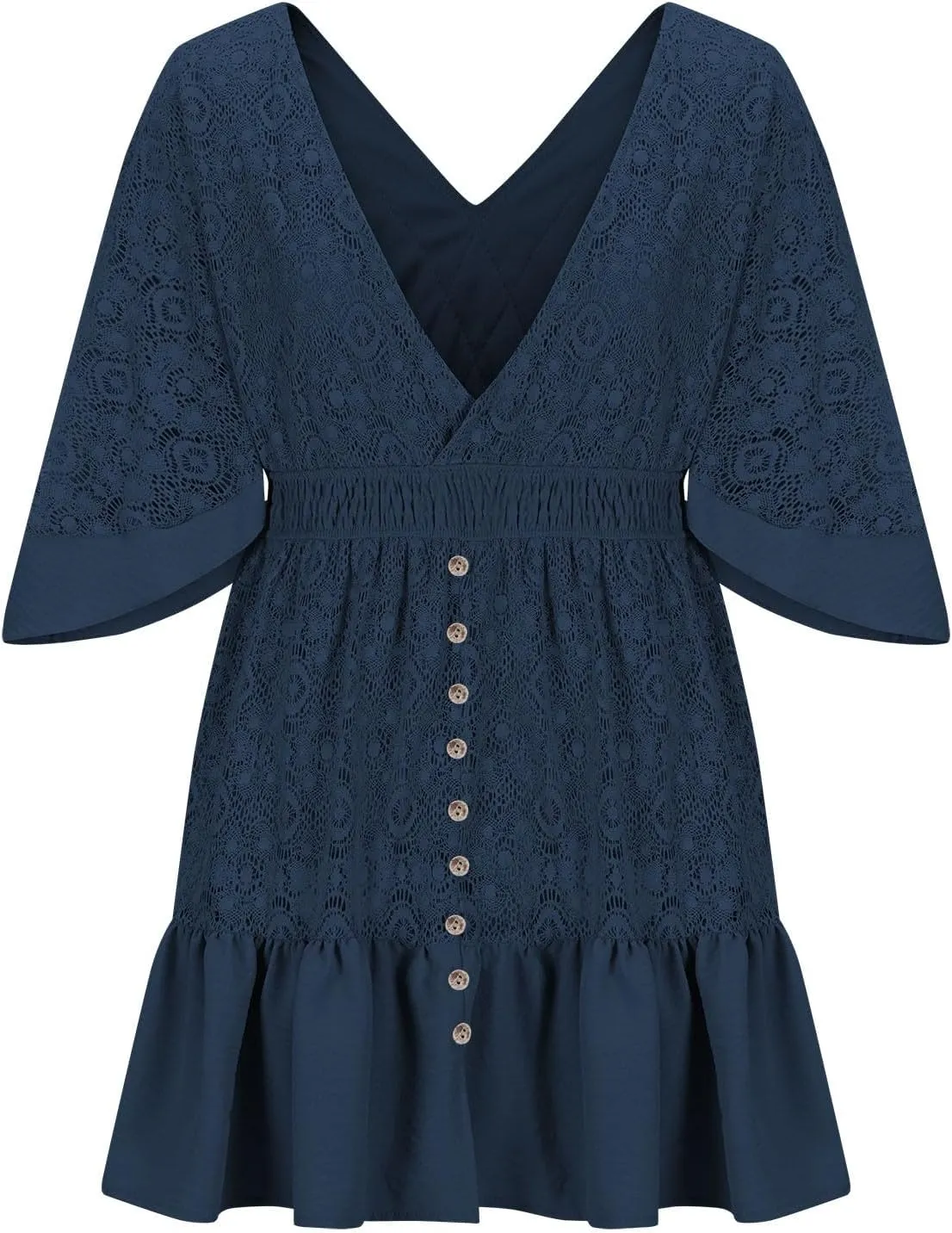 Women's Wrap V Neck Short Sleeve Lace Mini Dress 2025 Summer A Line Swing Ruffle Hem Casual Button Boho Beach Dresses