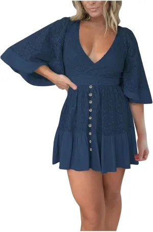 Women's Wrap V Neck Short Sleeve Lace Mini Dress 2025 Summer A Line Swing Ruffle Hem Casual Button Boho Beach Dresses