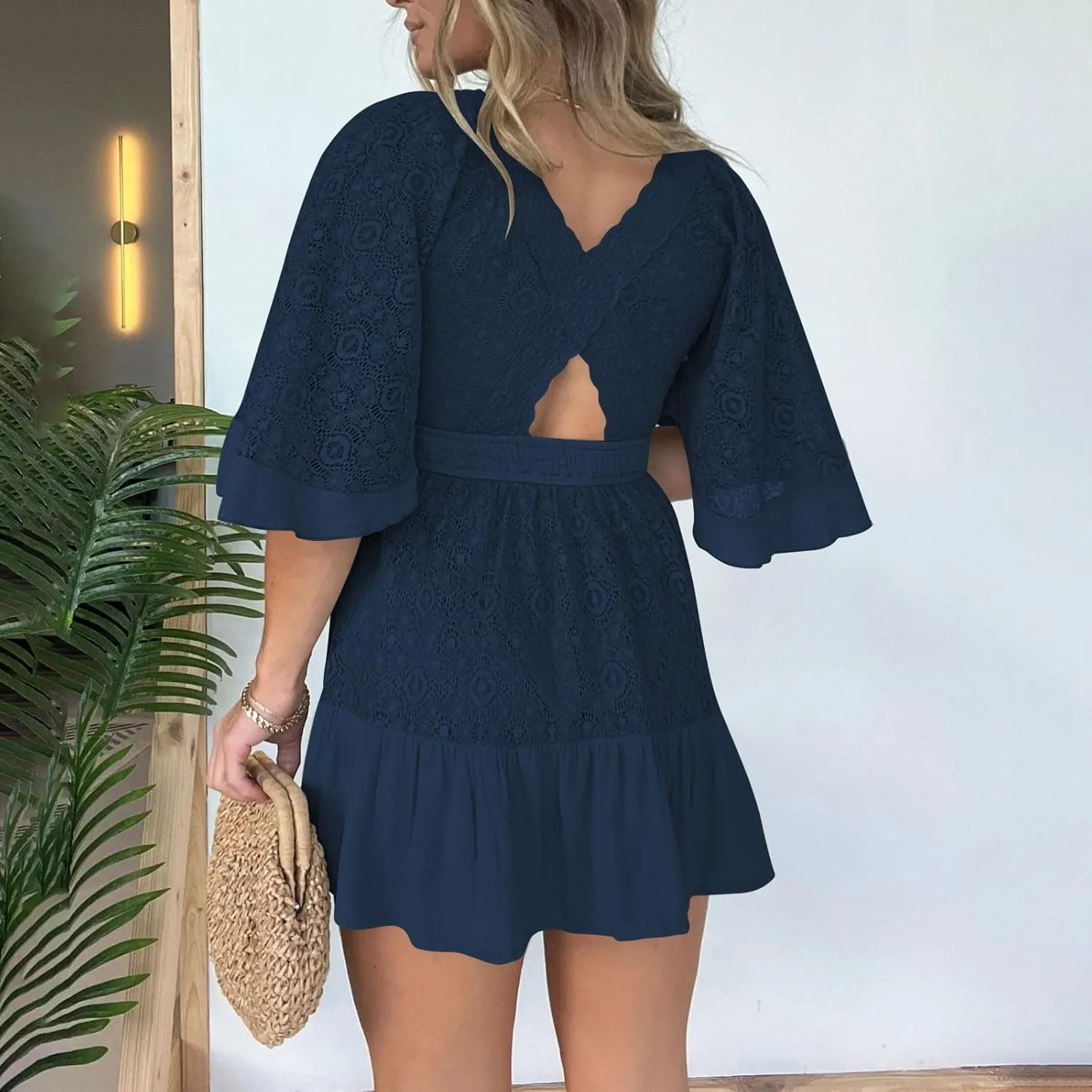 Women's Wrap V Neck Short Sleeve Lace Mini Dress 2025 Summer A Line Swing Ruffle Hem Casual Button Boho Beach Dresses