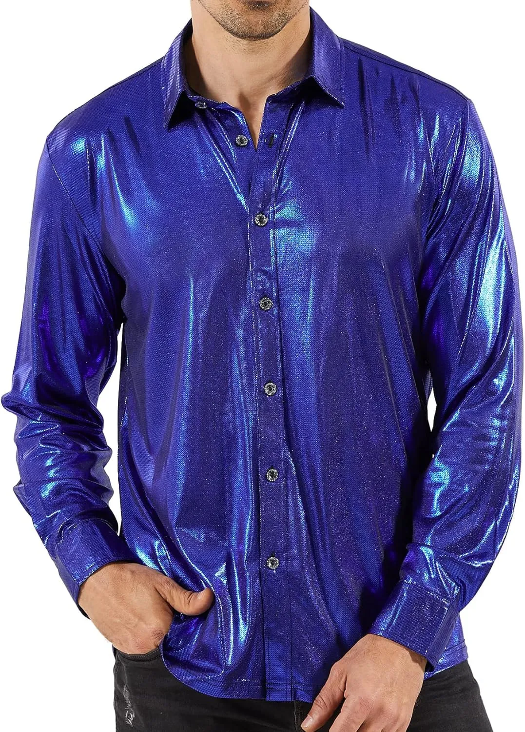 WULFUL Men Dress Shirt Sequins Long Sleeve Button Down Shirt Luxury Disco Party Nightclub Christmas Prom Costume