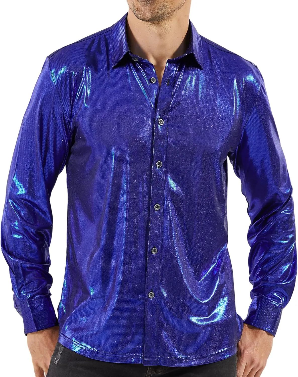 WULFUL Men Dress Shirt Sequins Long Sleeve Button Down Shirt Luxury Disco Party Nightclub Christmas Prom Costume