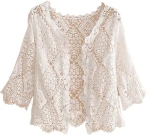 Xunger Womens 3/4 Sleeve Open Front Crochet Knitted Lace Shrug Summer Boho Hollow Cropped Cardigan