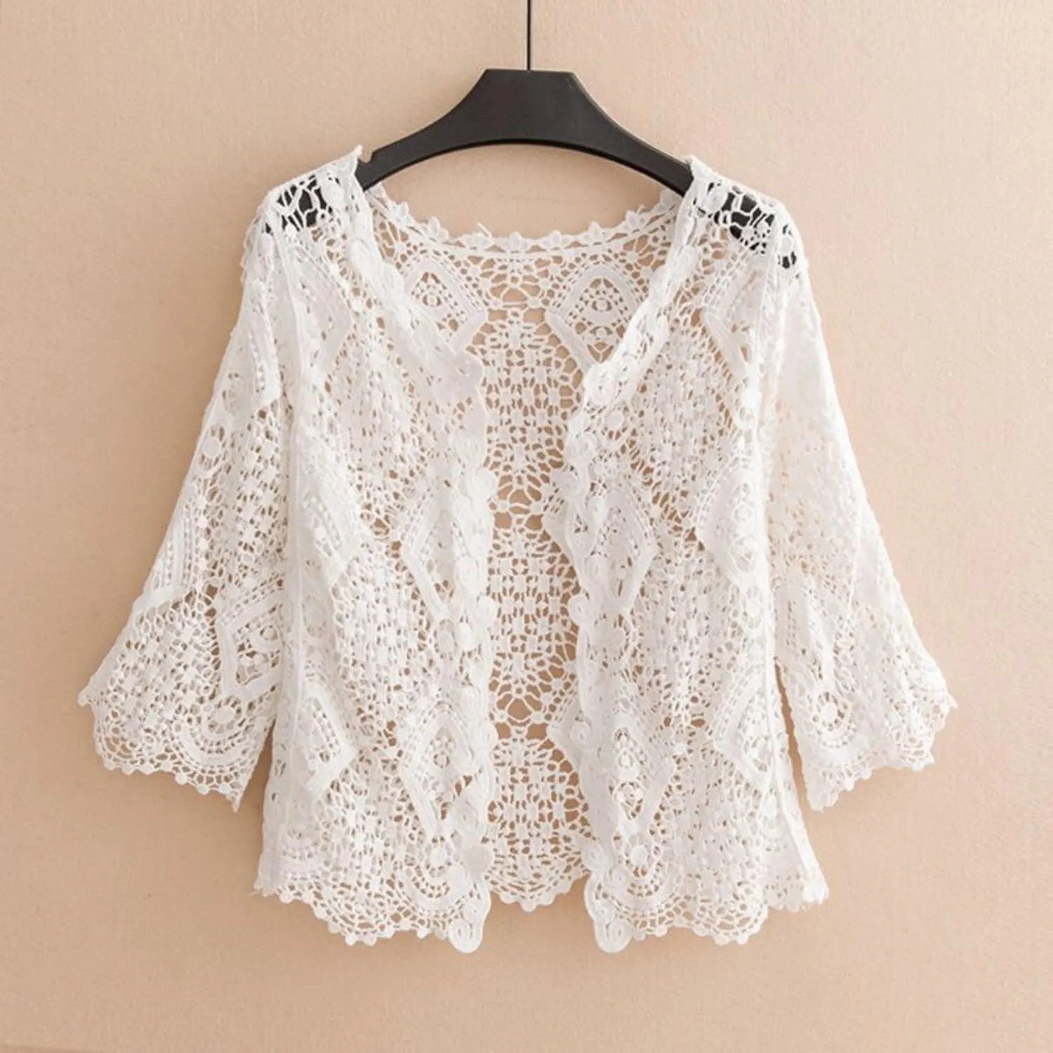 Xunger Womens 3/4 Sleeve Open Front Crochet Knitted Lace Shrug Summer Boho Hollow Cropped Cardigan
