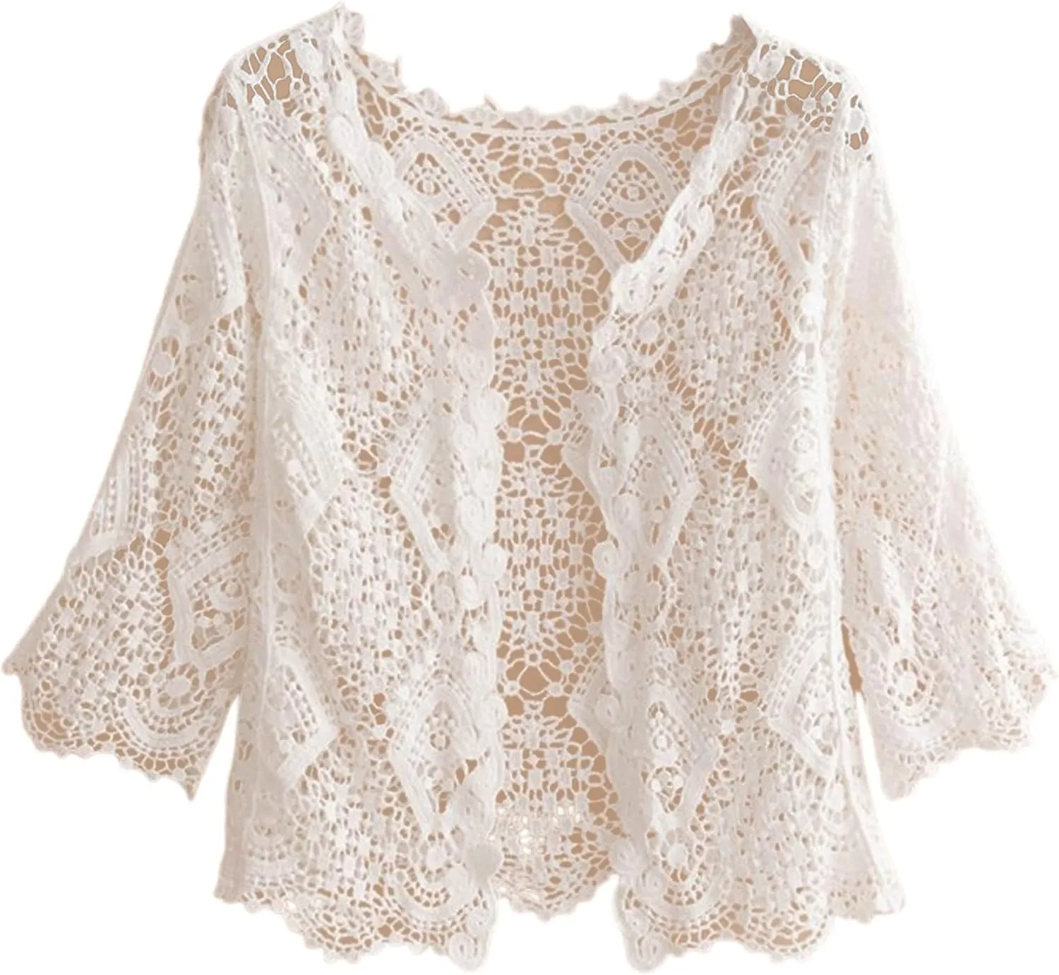 Xunger Womens 3/4 Sleeve Open Front Crochet Knitted Lace Shrug Summer Boho Hollow Cropped Cardigan