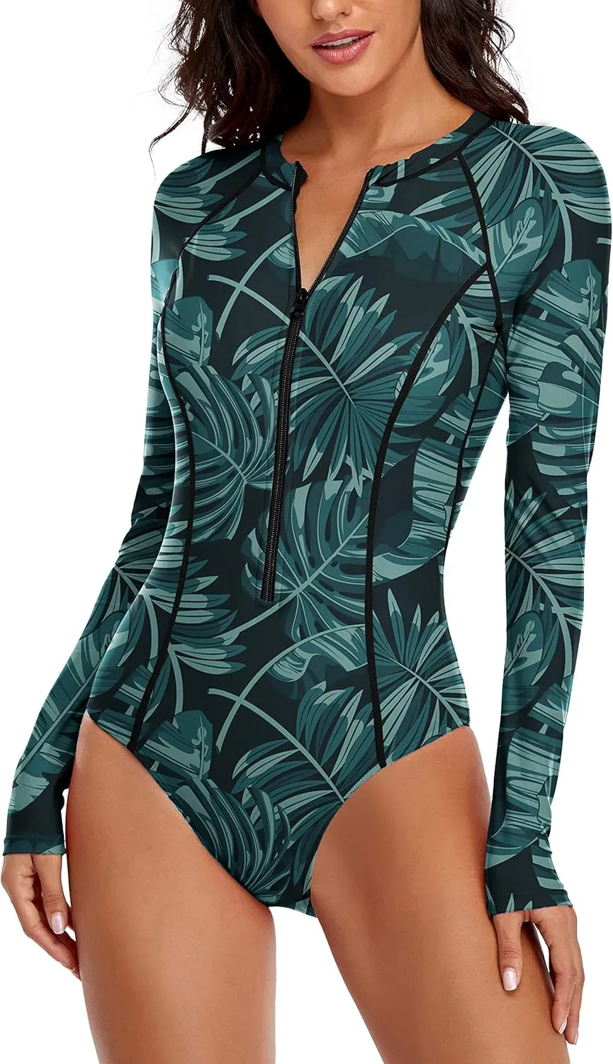 YATEEN Womens Athletic Training Swimsuit Long Sleeve Rashguard