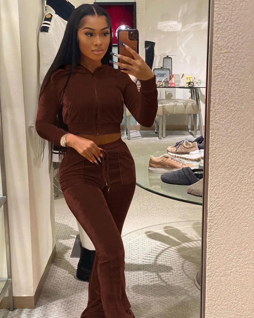 Yeshire Womens 2 Piece Outfits Velvet Sweatsuits Zip-up Hoodie Jacket Casual Jogging Set Tracksuit Set with Pockets