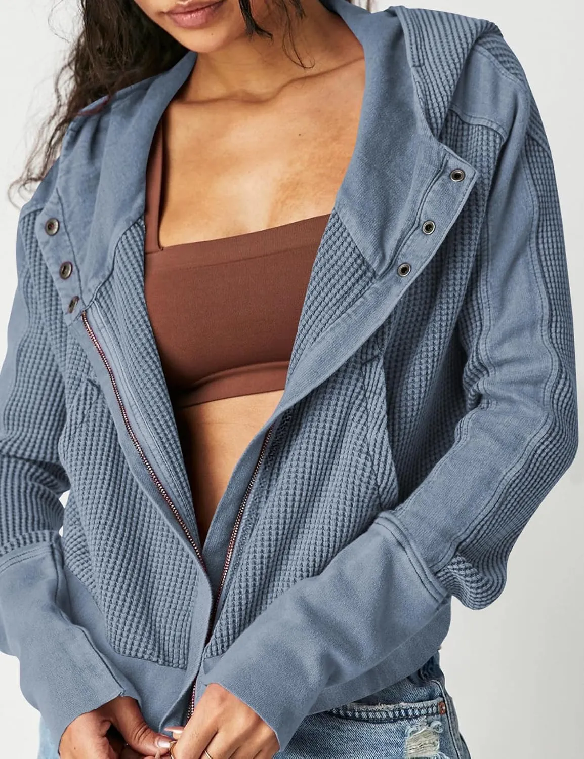 Yimoon Women's Waffle Knit Jacket Oversized Zip Up Hoodies Casual Long Sleeve Shacket Tops with Pocket