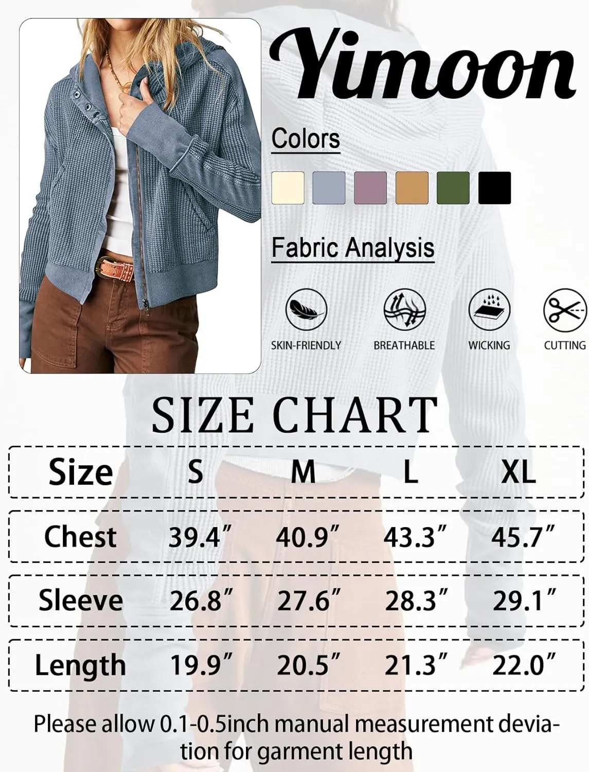 Yimoon Women's Waffle Knit Jacket Oversized Zip Up Hoodies Casual Long Sleeve Shacket Tops with Pocket