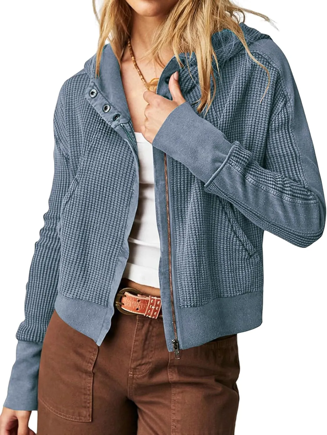 Yimoon Women's Waffle Knit Jacket Oversized Zip Up Hoodies Casual Long Sleeve Shacket Tops with Pocket