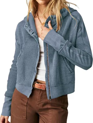 Yimoon Women's Waffle Knit Jacket Oversized Zip Up Hoodies Casual Long Sleeve Shacket Tops with Pocket