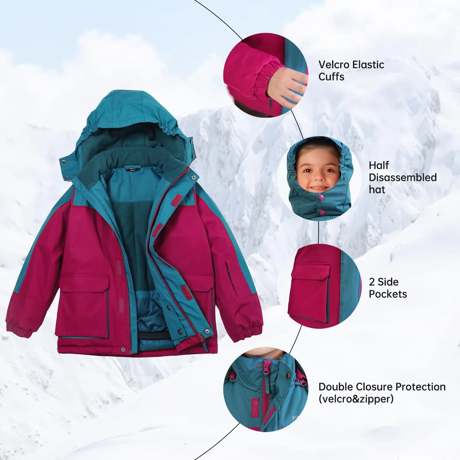 YINGJIELIDE Girl's Waterproof Ski Jacket,Kids Outdoor Snowboarding windproof Jacket,Fleece Lined Hooded,Warm Winter Snow Coat