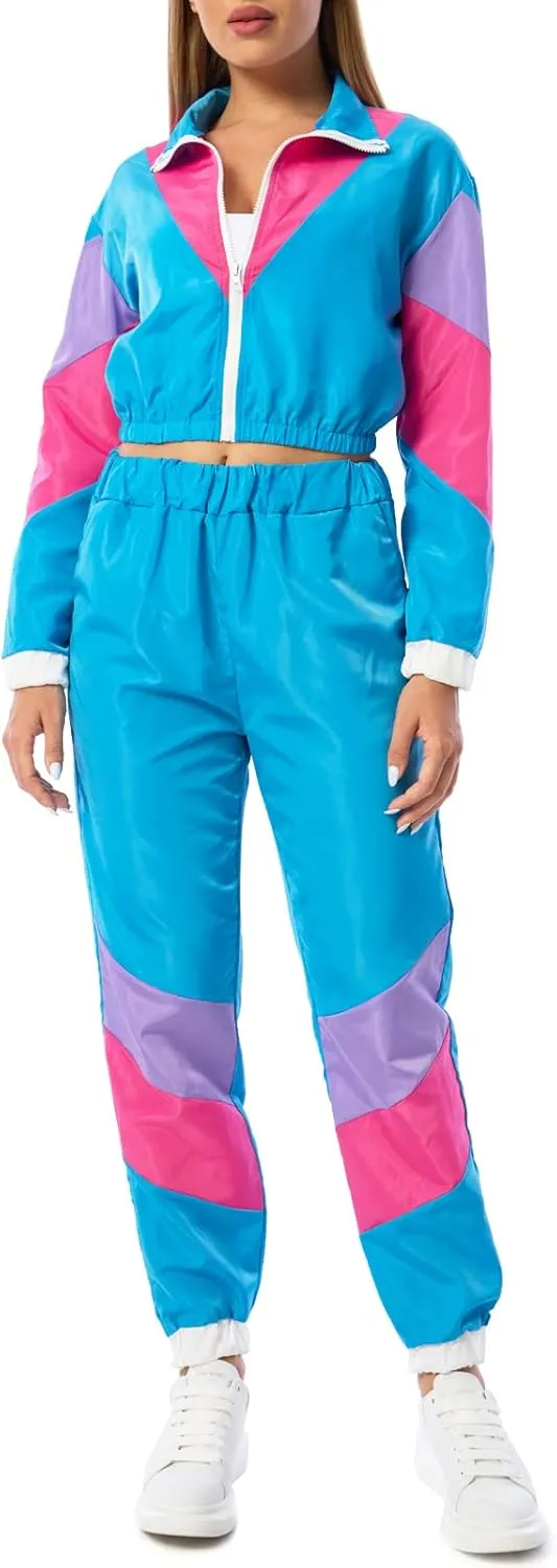 Yisfri Womens Color Block 2 Piece Windbreaker Outfits Long Sleeve Zip Front Crop Top Tracksuit Set