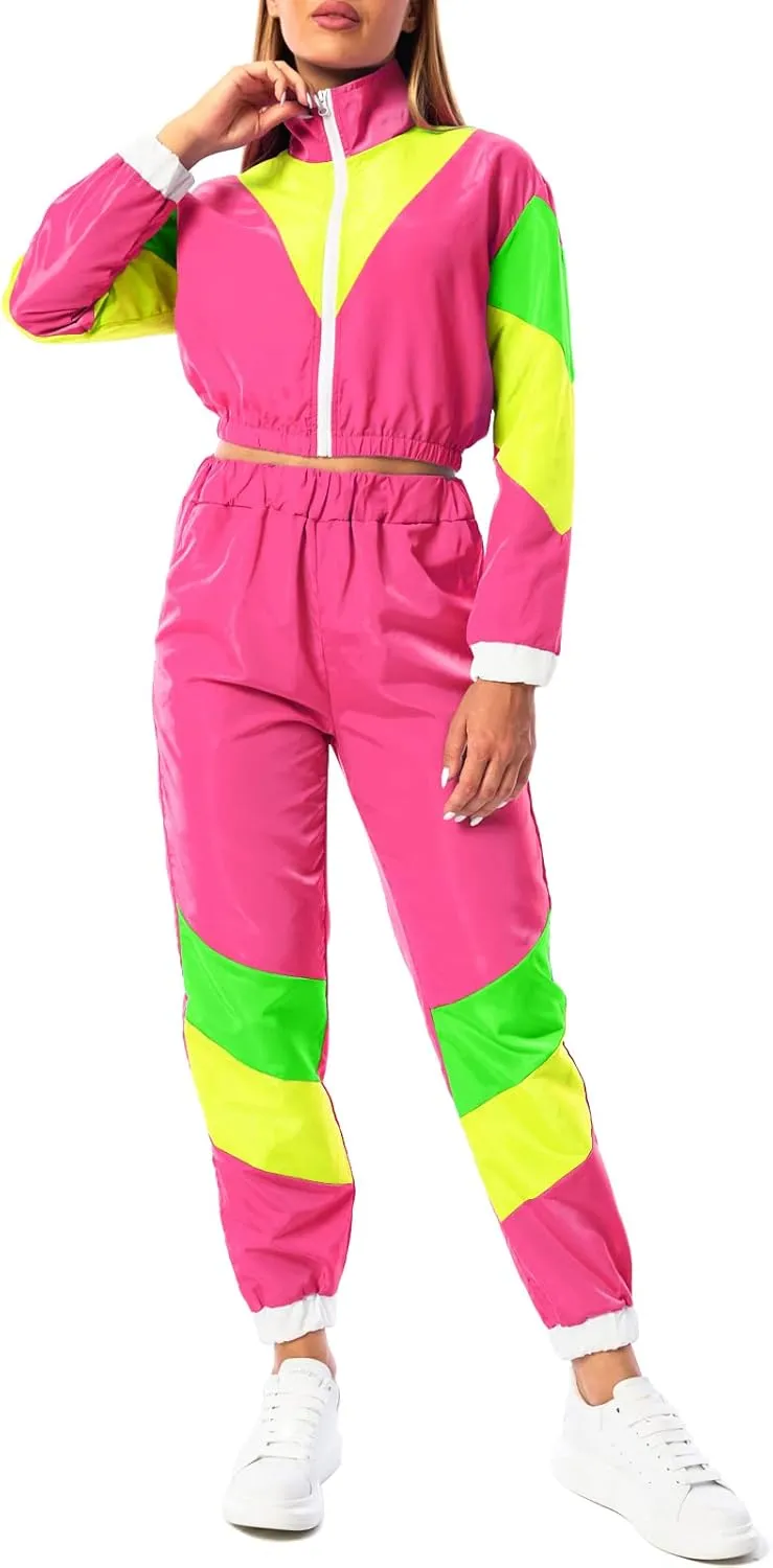 Yisfri Womens Color Block 2 Piece Windbreaker Outfits Long Sleeve Zip Front Crop Top Tracksuit Set