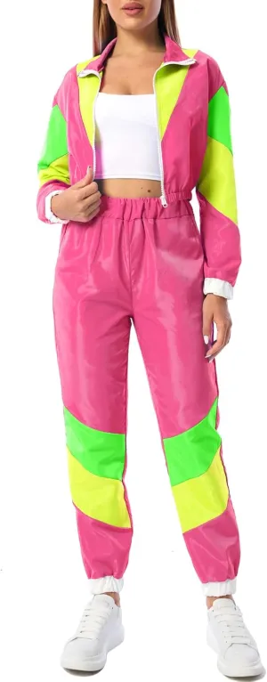 Yisfri Womens Color Block 2 Piece Windbreaker Outfits Long Sleeve Zip Front Crop Top Tracksuit Set