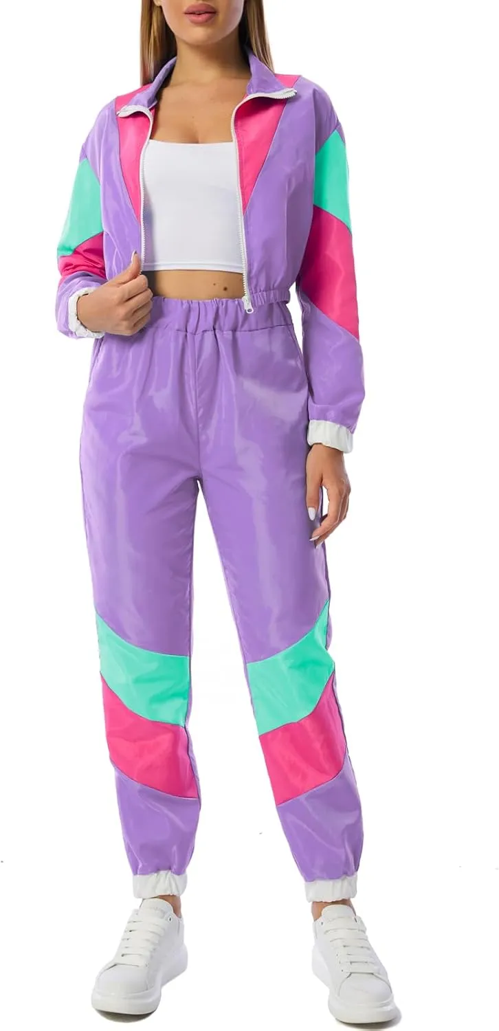 Yisfri Womens Color Block 2 Piece Windbreaker Outfits Long Sleeve Zip Front Crop Top Tracksuit Set