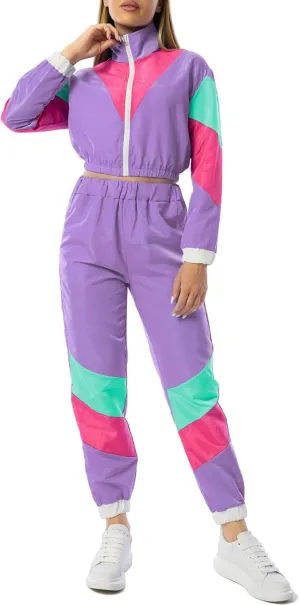 Yisfri Womens Color Block 2 Piece Windbreaker Outfits Long Sleeve Zip Front Crop Top Tracksuit Set