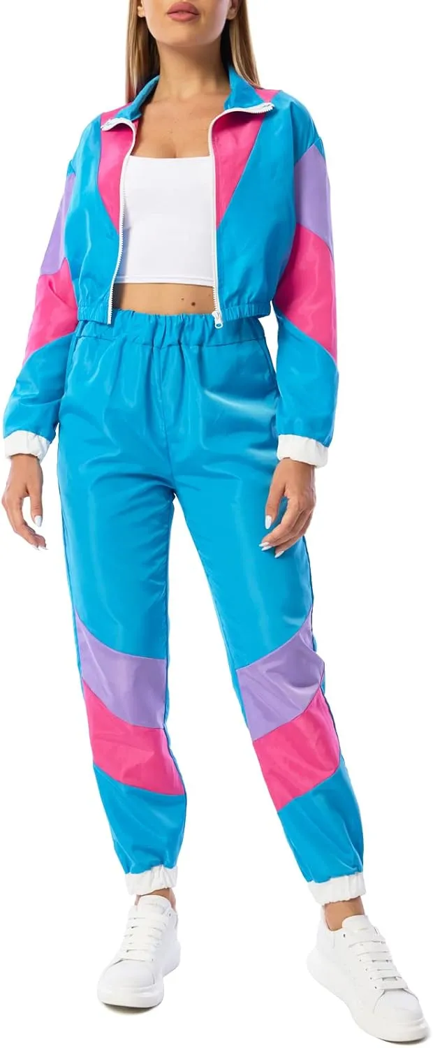Yisfri Womens Color Block 2 Piece Windbreaker Outfits Long Sleeve Zip Front Crop Top Tracksuit Set