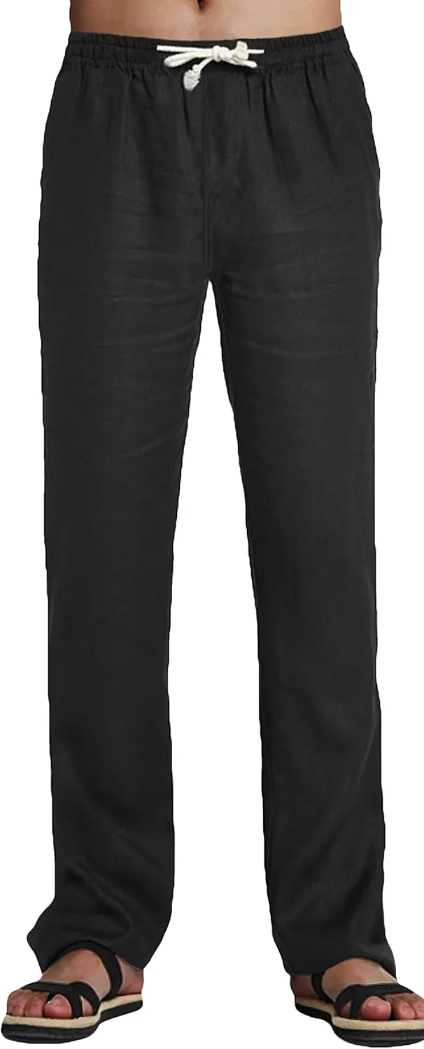 Youhan Men's Fitted Elastic Waistband Cotton Linen Pants with Drawstring