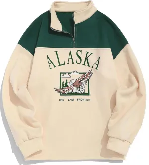ZAFUL Men's Letters Embroidered Raglan Sleeve Quarter Zip Fleece Vintage Pullover Sweatshirt