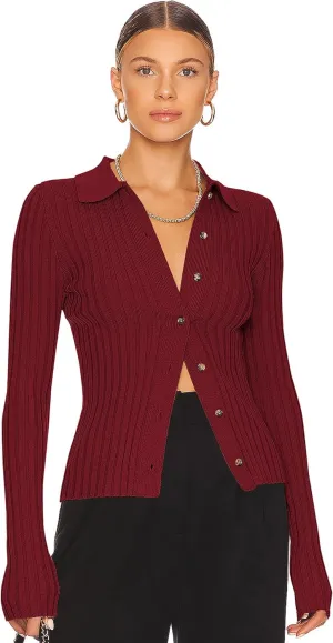 ZAFUL Women's V Neck Button Down Ribbed Sweater Cardigan Long Sleeve Polo Collar Slim Knitted Pullover